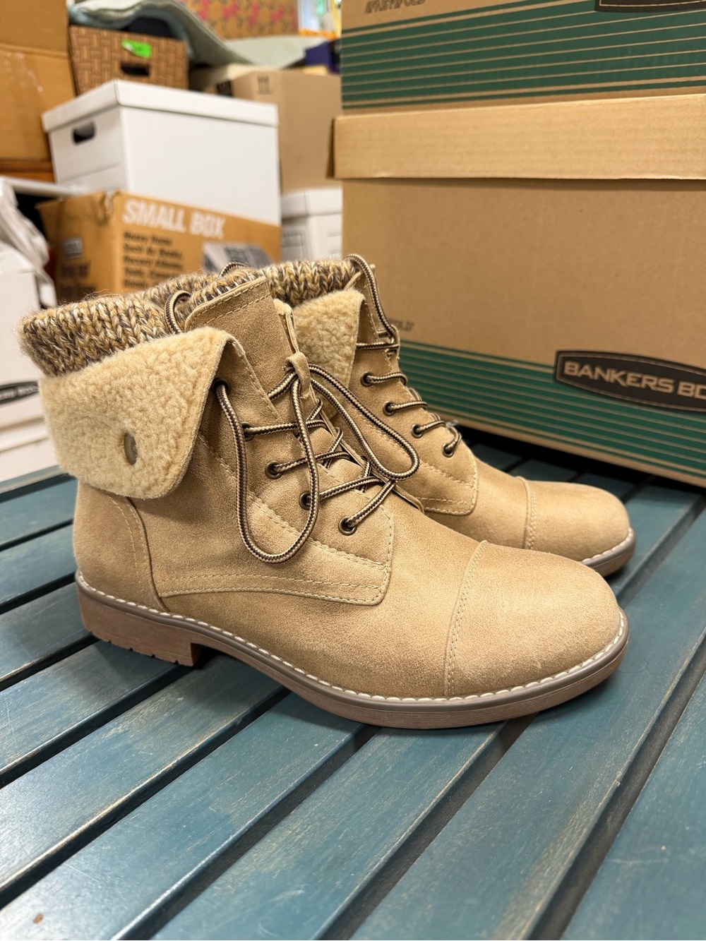 Tan Fold-Over Lace-Up Boots